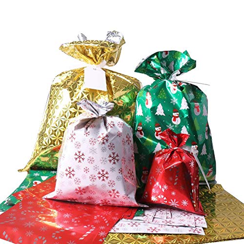 WesGen Christmas Gift Bags 40Pcs Santa Wrapping Gift Bag in 4 Sizes and 4 Designs with Ribbon Ties and Tags
